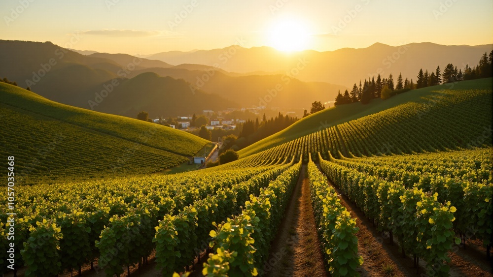 Vineyard nestled in rolling hills with golden light filtering through Vineyard nestled in rolling hills with golden light filtering through