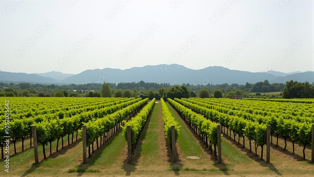 Expansive vineyard with distant mountains and rows of grape vines Expansive vineyard with distant mountains and rows of grape vines