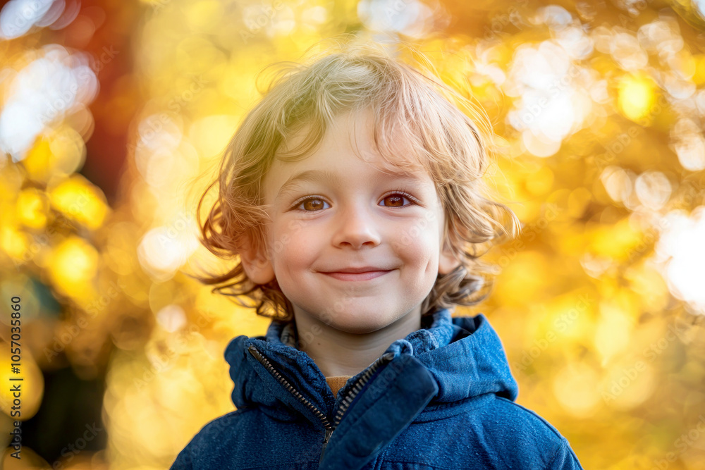 Happy boy with curly hair smiling in a sunlit autumn park Generative AI Happy boy with curly hair smiling in a sunlit autumn park Generative AI
