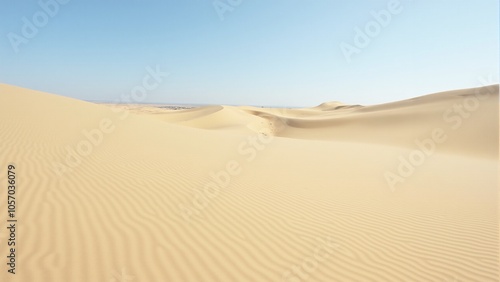 Sandy desert with rolling dunes and a clear blue horizon