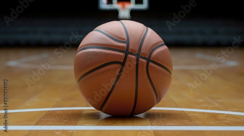 Basketball resting on polished wooden court photo