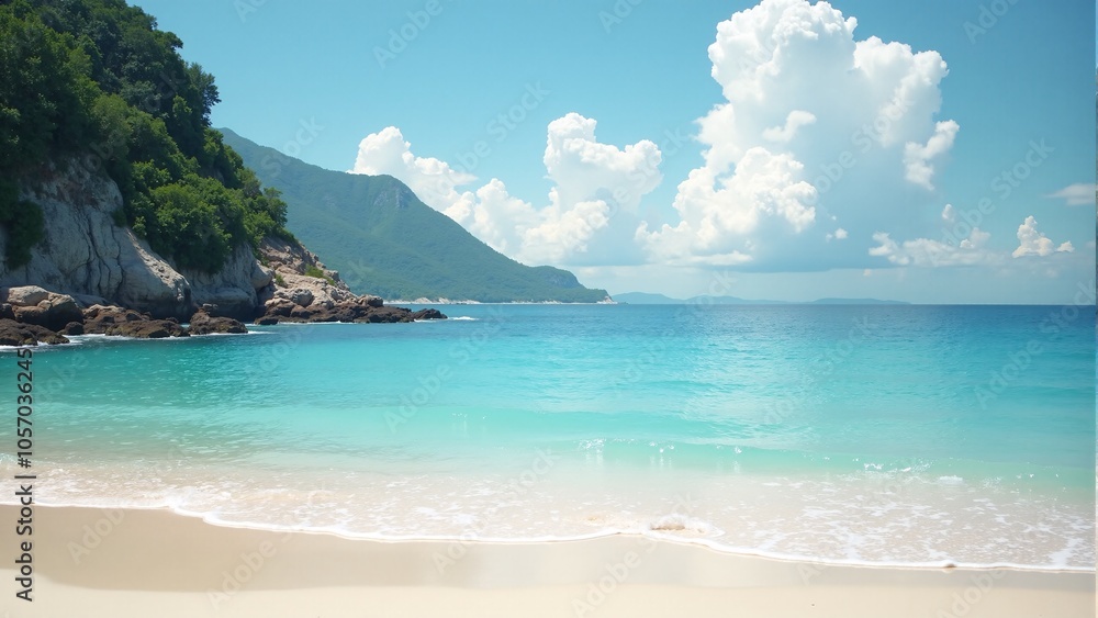 Serene coastline with turquoise waters and smooth sandy shore Serene coastline with turquoise waters and smooth sandy shore