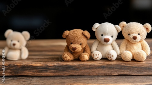 Cute Teddy Bears Sitting on Wooden Table  Soft Toys  Plush Toys  Children s Toys photo