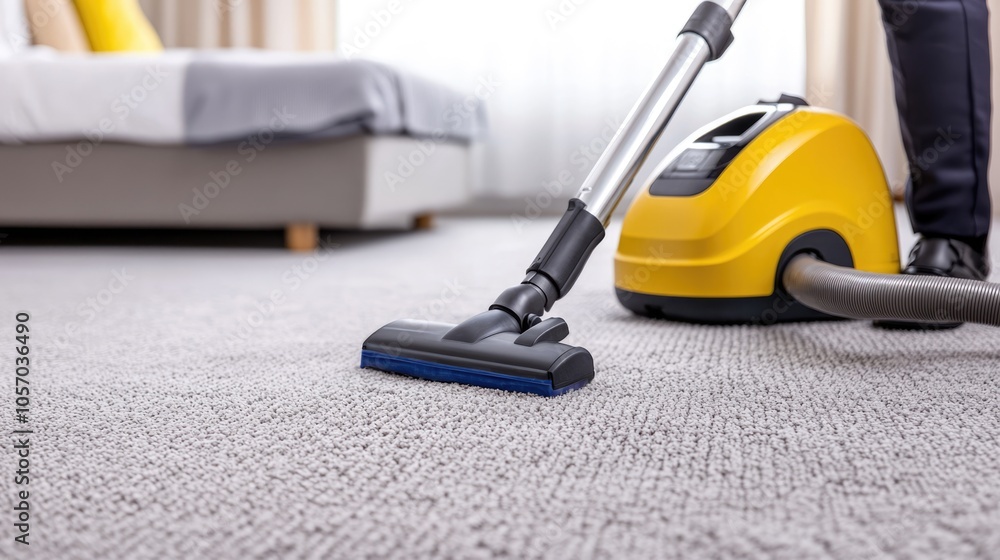 Fototapeta premium A person vacuums a carpet with a yellow vacuum cleaner, showcasing a clean home environment and effective cleaning tools.