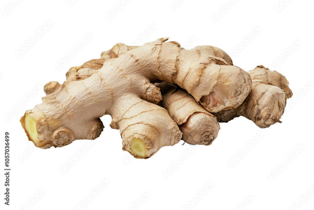 Fresh ginger root on white isolated background, showcasing its unique texture and shape. Fresh ginger root on white isolated background, showcasing its unique texture and shape.
