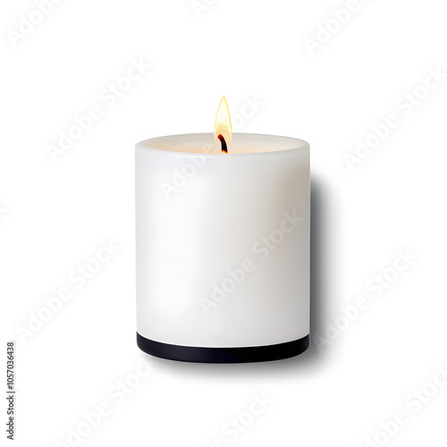 Candle with flame in a minimalist holder isolated on white background