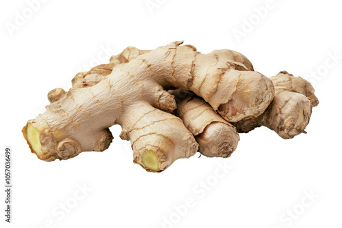 Fresh ginger root on white isolated background, showcasing its unique texture and shape. photo