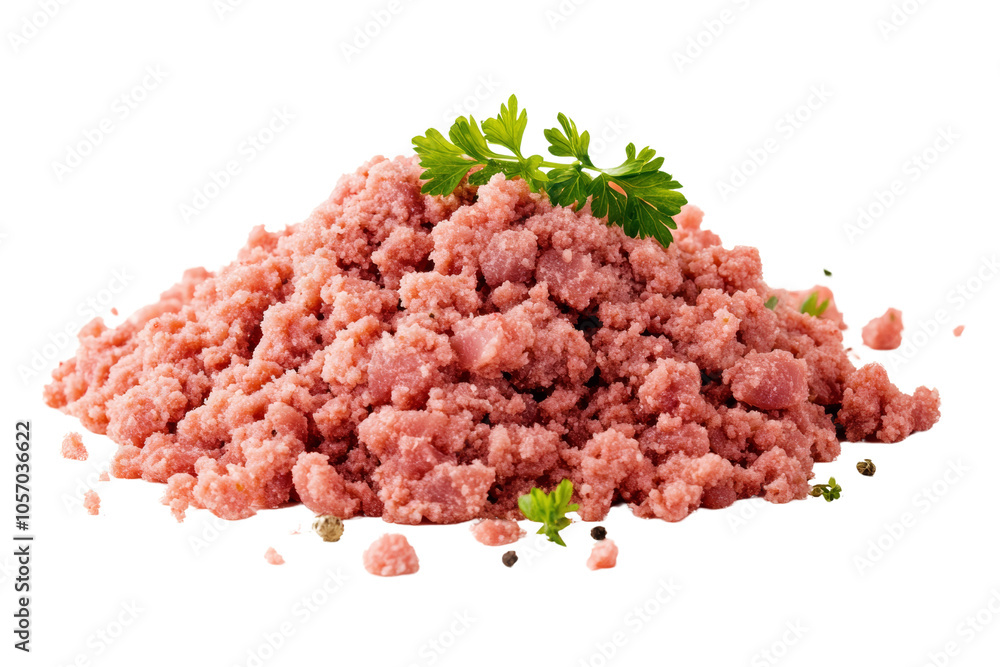 Fresh ground meat garnished with green herbs, isolated on a white background. Fresh ground meat garnished with green herbs, isolated on a white background.