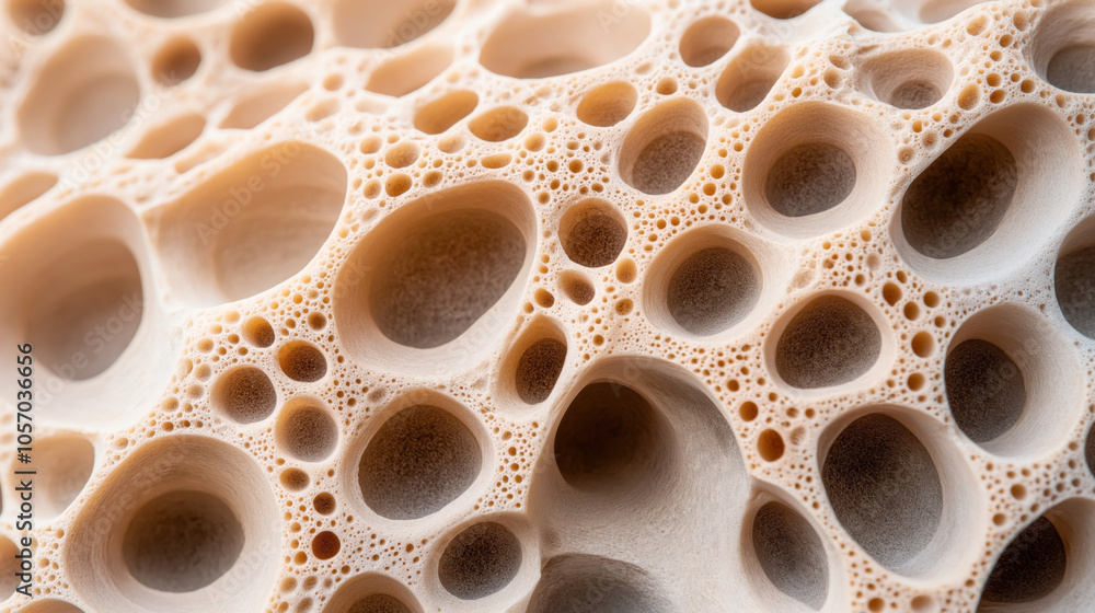 Close-up abstract image of a sponge surface with numerous irregularly shaped pores and holes contrasting shades of beige and brown. Close-up abstract image of a sponge surface with numerous irregularly shaped pores and holes contrasting shades of beige and brown.