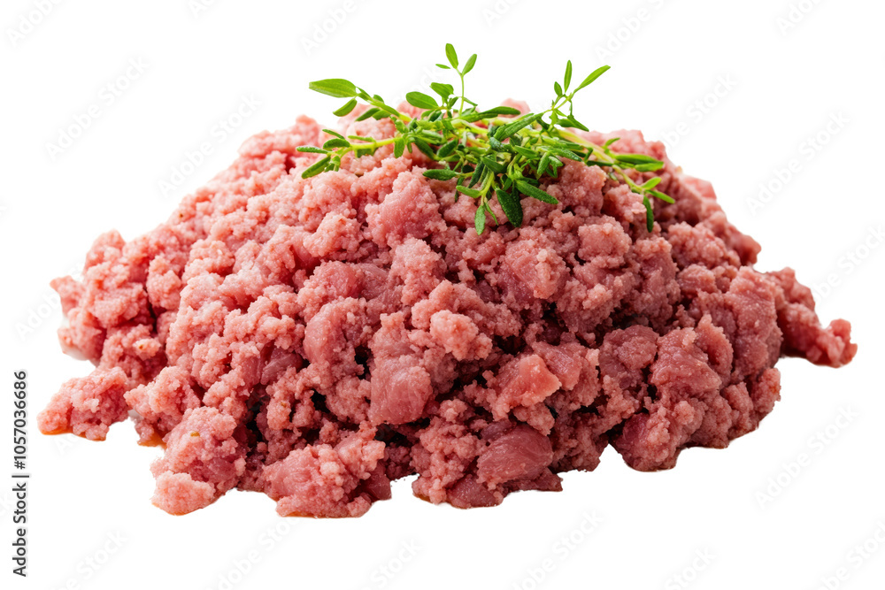 Fresh ground meat with herbs on top, ideal for culinary presentations. Fresh ground meat with herbs on top, ideal for culinary presentations.