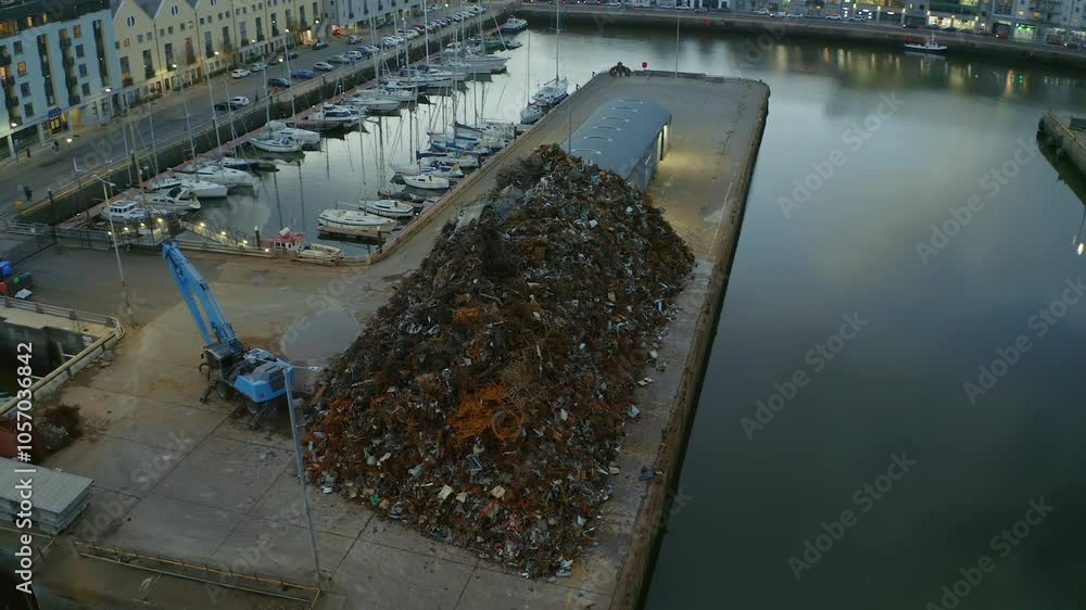 Aerial orbit of a massive scrap pile at Galway docks Aerial orbit of a massive scrap pile at Galway docks
