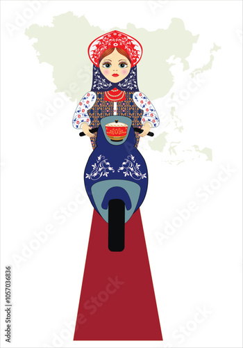 Russian nesting doll sitting at the wheel of a motorcycle against the background of the map of Eurasia. Treats in a pot are carried by motorcyclists. Travel, friendship of peoples, cultures. vector 