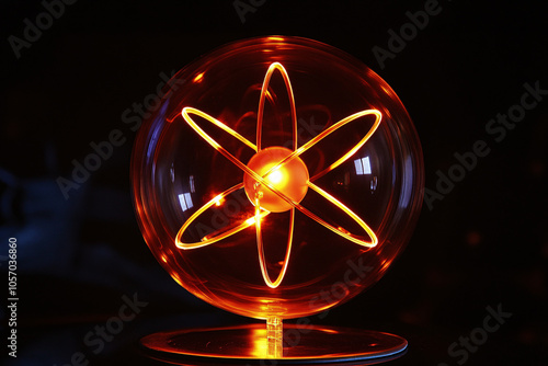 glowing atom model with orbiting electrons in bright orange light against a dark background symbolizing energy and atomic structure

