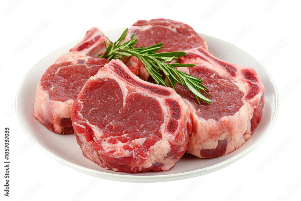 Fresh meat chops seasoned with rosemary on a white plate, perfect for culinary presentation and delicious meals. Fresh meat chops seasoned with rosemary on a white plate, perfect for culinary presentation and delicious meals.