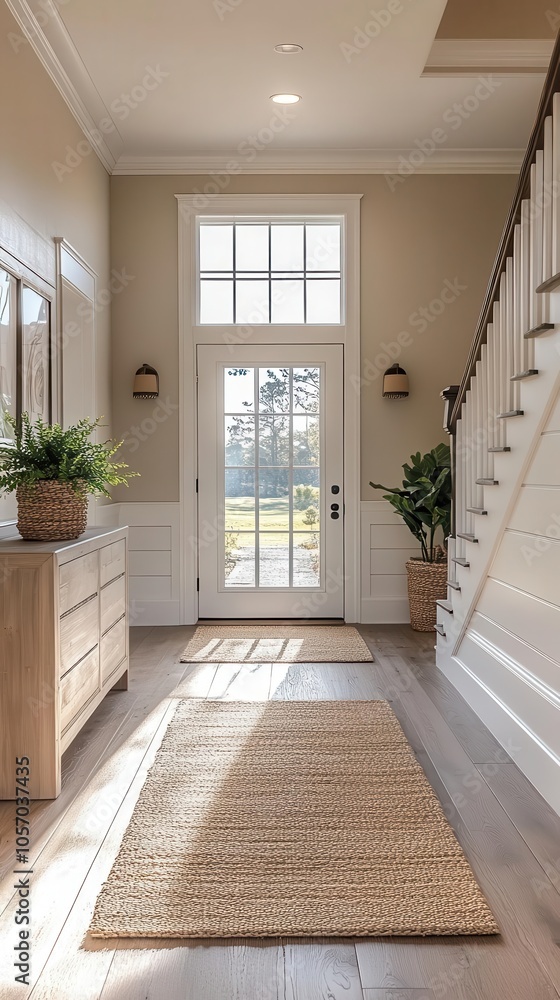 scandinavianstyle entrance hall featuring a sleek wooden cabinet near a bright window and an elegant staircase bathed in natural light with minimalist decor scandinavianstyle entrance hall featuring a sleek wooden cabinet near a bright window and an elegant staircase bathed in natural light with minimalist decor