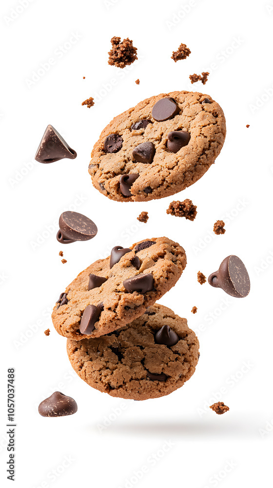 Chocolate chip cookies and crumbs flying over white background Chocolate chip cookies and crumbs flying over white background