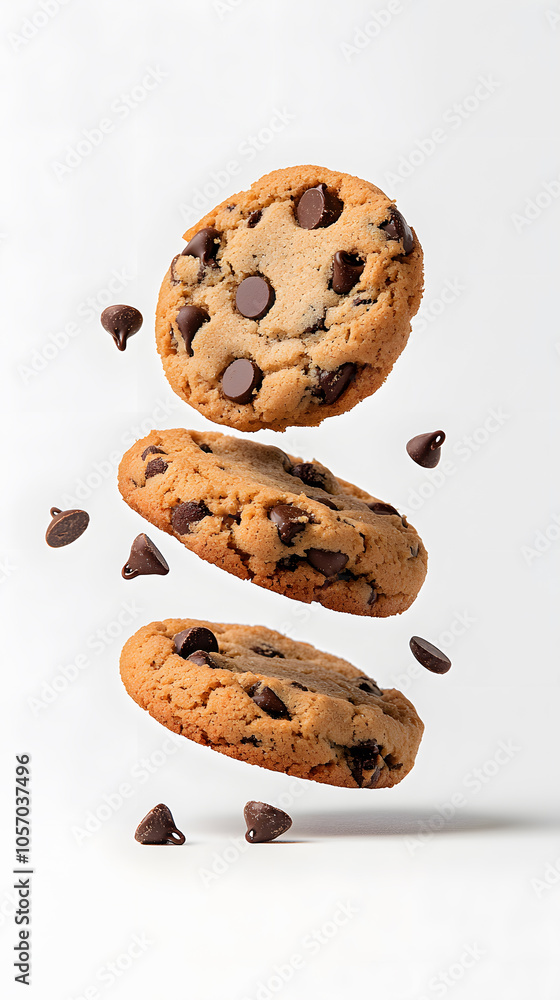 Chocolate chip cookies and crumbs flying over white background Chocolate chip cookies and crumbs flying over white background