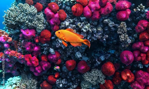 Vibrant underwater scene with orange fish and colorful coral reef photo