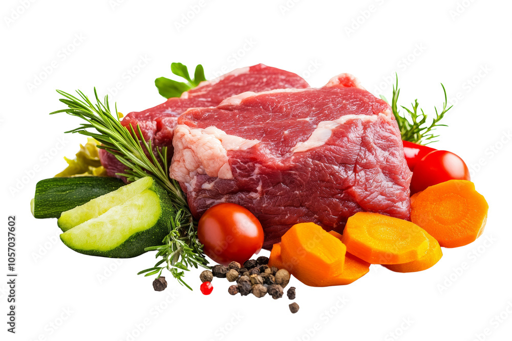 Fresh raw beef cut with assorted vegetables including carrots, cucumbers, and tomatoes, arranged on a white isolate background. Fresh raw beef cut with assorted vegetables including carrots, cucumbers, and tomatoes, arranged on a white isolate background.