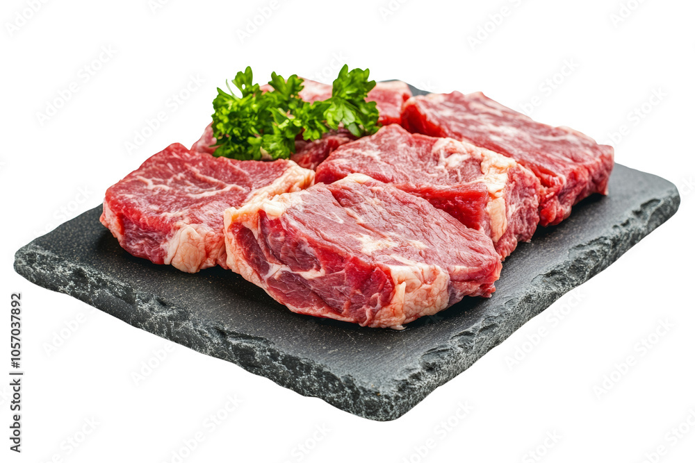 Fresh raw beef steaks with parsley on a slate plate, perfect for grilling or cooking. Fresh raw beef steaks with parsley on a slate plate, perfect for grilling or cooking.