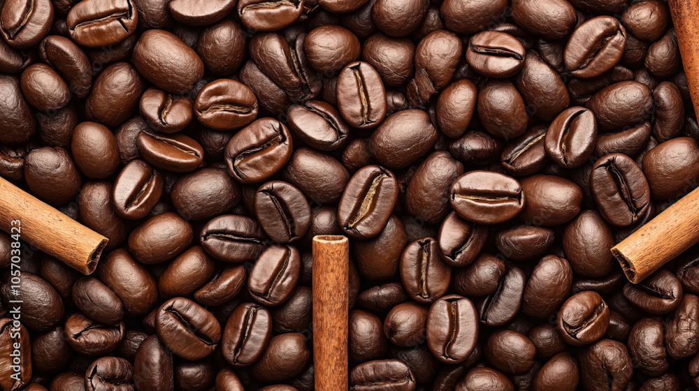 Fototapeta premium Close-up of roasted coffee beans mixed with cinnamon sticks, creating a rich and aromatic texture that highlights the contrast between the glossy beans and the matte cinnamon.