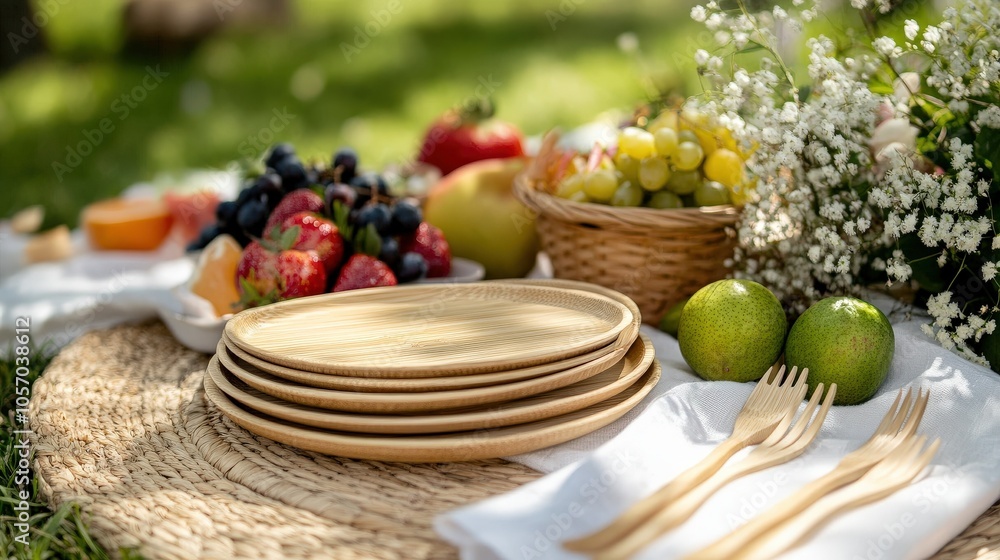 A delightful picnic spread featuring fresh fruits, woven plates, and flowers, set against a lush, green backdrop. A delightful picnic spread featuring fresh fruits, woven plates, and flowers, set against a lush, green backdrop.