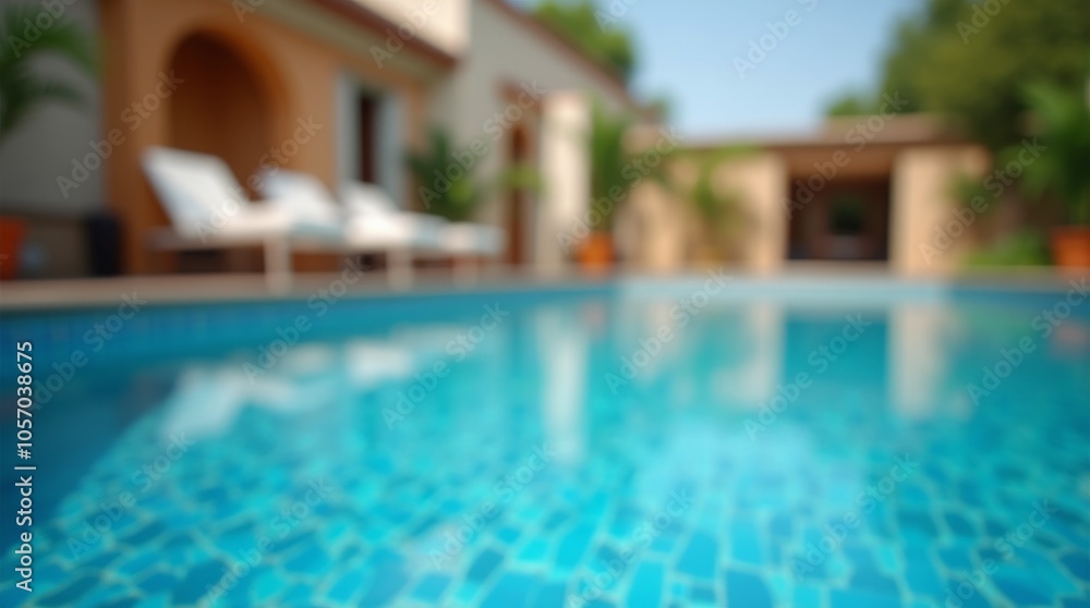 Blurred view of luxury outdoor pool with lounge chairs and tropical plants in background Blurred view of luxury outdoor pool with lounge chairs and tropical plants in background