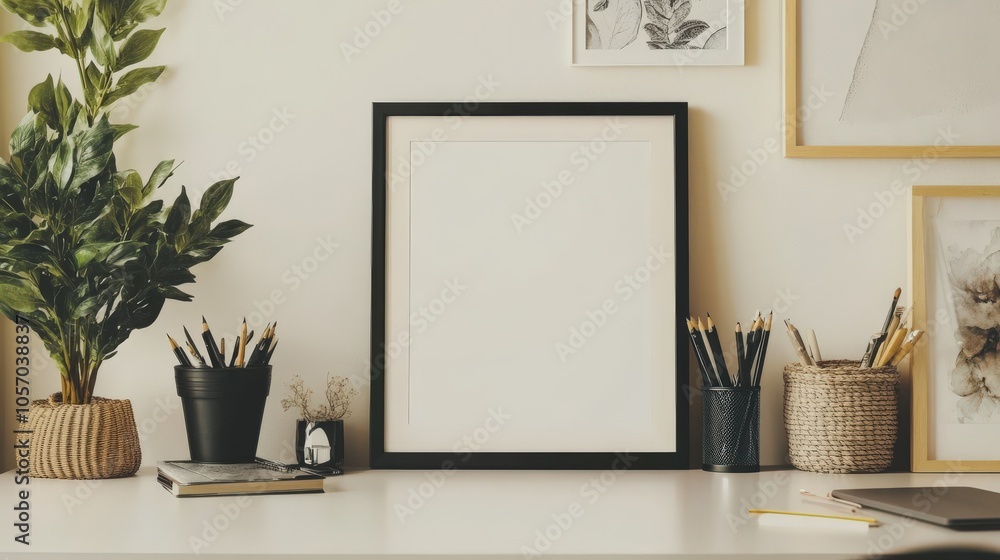 Fototapeta premium A minimalist desk setup featuring a blank frame, potted plants, and various writing instruments, promoting a stylish, organized workspace aesthetic.