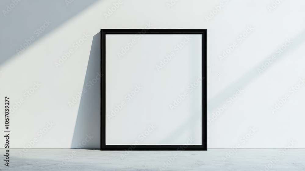 A minimalist black frame stands against a white wall, casting shadows, waiting for artwork or a photo to be displayed. A minimalist black frame stands against a white wall, casting shadows, waiting for artwork or a photo to be displayed.
