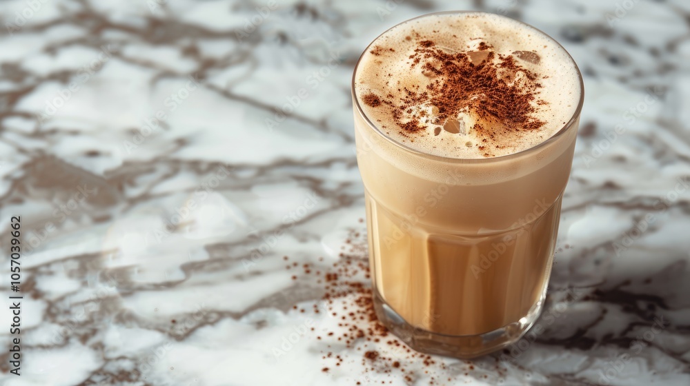 Make iced cocoa with milk in a clear glass on marble with space for text. Make iced cocoa with milk in a clear glass on marble with space for text.