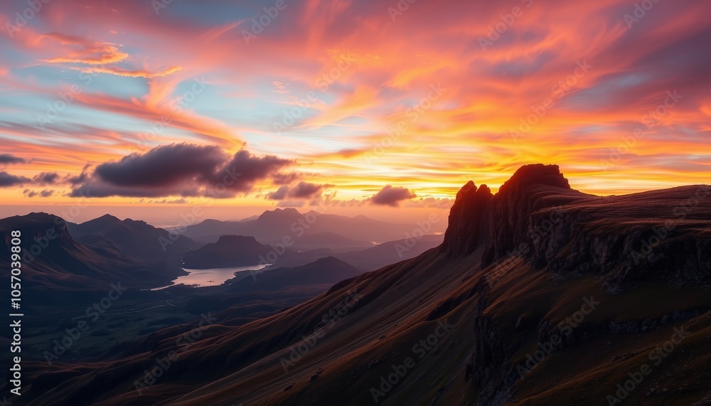 Fototapeta premium Dramatic Mountain Landscape with Sunset Sky and Clouds