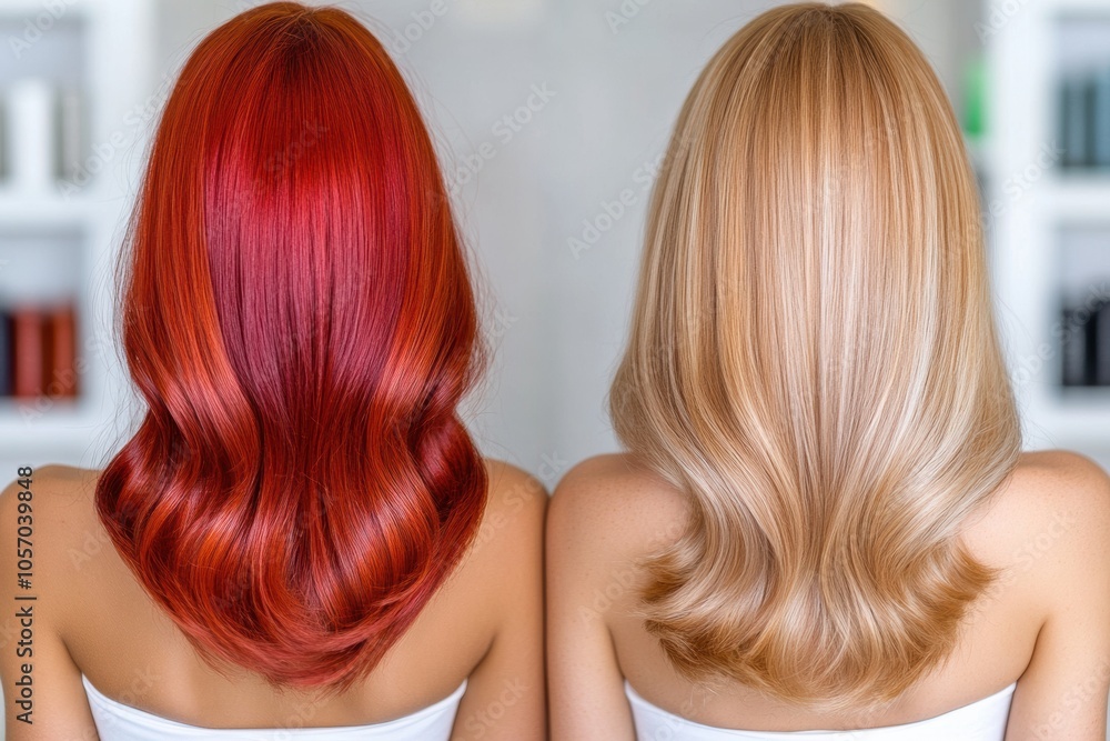 Two women with vibrant red and blonde hair showcase sleek, wavy hairstyles, AI Two women with vibrant red and blonde hair showcase sleek, wavy hairstyles, AI