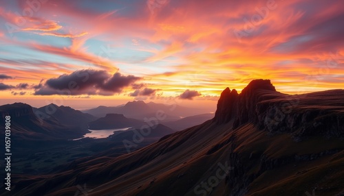 Dramatic Mountain Landscape with Sunset Sky and Clouds