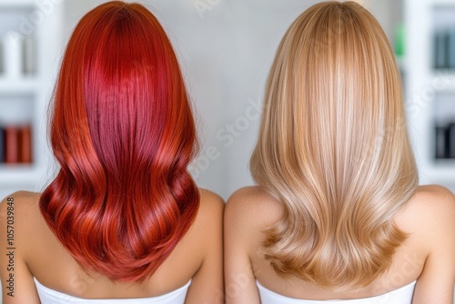 Two women with vibrant red and blonde hair showcase sleek, wavy hairstyles, AI