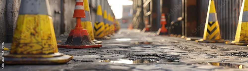 Craft realistic 3D renders of safety barriers and protective measures in hazardous work environments, preventing accidents and injuries Craft realistic 3D renders of safety barriers and protective measures in hazardous work environments, preventing accidents and injuries