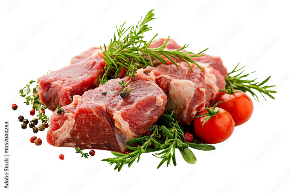 Fresh raw meat with herbs and tomatoes on a white background. Fresh raw meat with herbs and tomatoes on a white background.