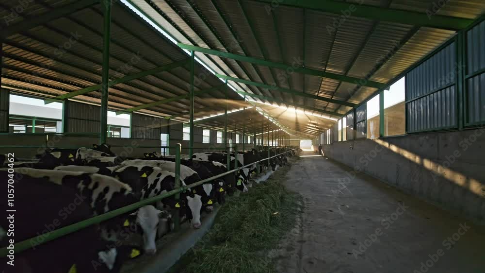 A modern dairy barn with a long row of cows feeding on fresh hay. Sunlight pours through the gaps in the roof, illuminating the spacious structure. A modern dairy barn with a long row of cows feeding on fresh hay. Sunlight pours through the gaps in the roof, illuminating the spacious structure.