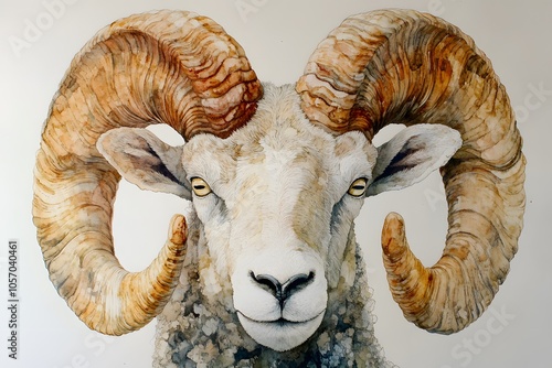 Watercolor painting of a ram's head with large curled horns