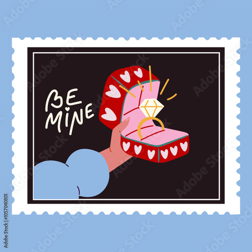 Valentine's day vector retro cute concept. Love proposal marriage concept, cute valentine gifts. Engagement ring in cute red gift box. Perfect for illustrating love, commitment, and marriage