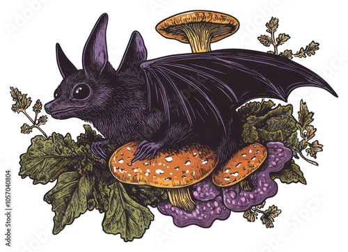 PNG A bat with mushroom illustration mushrooms artwork. photo