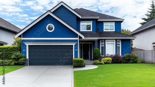 Charming Blue Home with Lush Green Landscape