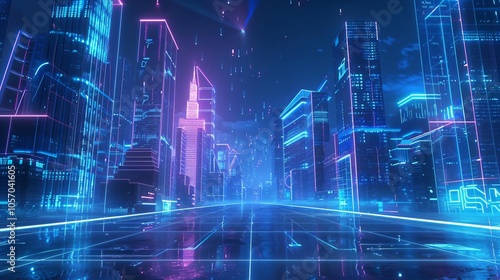 167 Futuristic virtual data city holographic interface projection render 3D