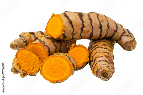 Fresh turmeric root slices showcasing vibrant orange color, ideal for culinary and health uses against a white isolated background. photo