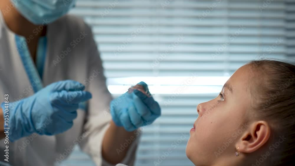 Dentist showing how to use teeth retainers for child, close-up. Orthodontist explaining dental braces for teeth correction Dentist showing how to use teeth retainers for child, close-up. Orthodontist explaining dental braces for teeth correction