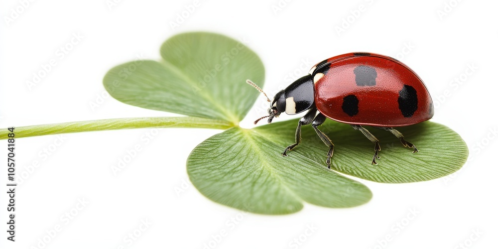 Fototapeta premium Ladybug on Clover Leaf Macro Photography Nature Insect Spring Garden Green Red Bl