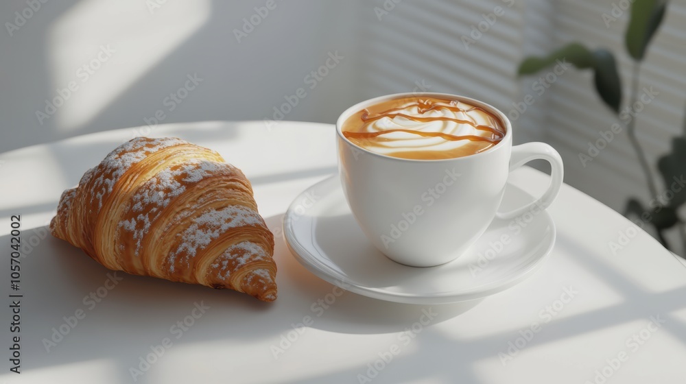 A high-fidelity rendering of a caramel latte with a delectable croissant in soft natural light A high-fidelity rendering of a caramel latte with a delectable croissant in soft natural light