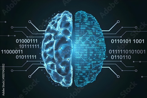 Digital Brain Concept with Binary Code and Neural Network: AI Technology Visualization with Human Brain Split into Data and Network