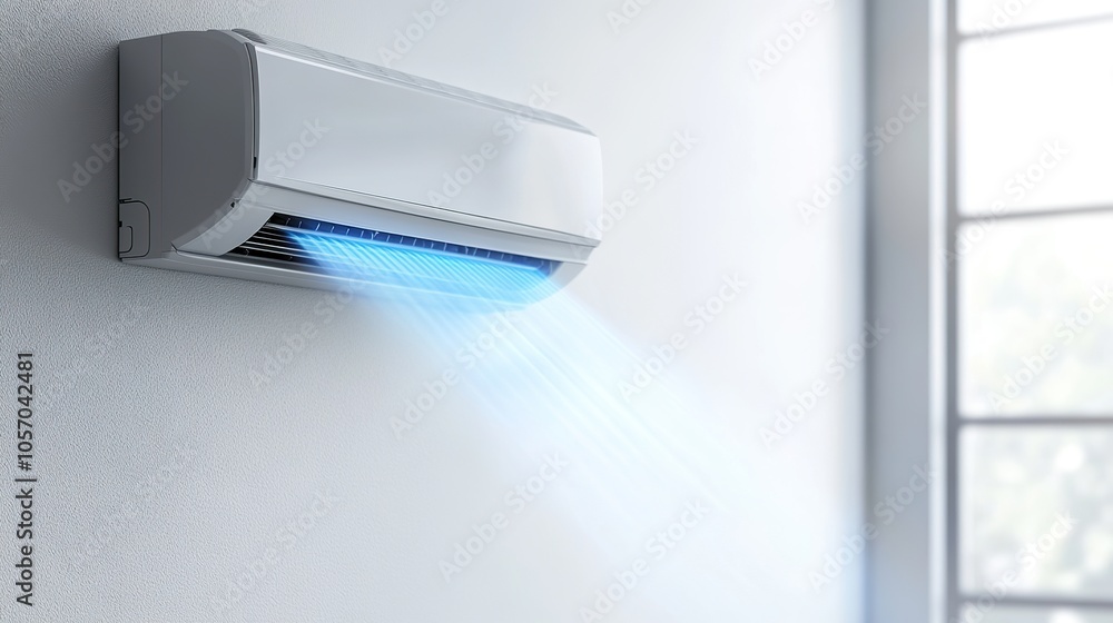 Modern air conditioner on a white wall, cooling a bright living room, showcasing energy-efficient technology Modern air conditioner on a white wall, cooling a bright living room, showcasing energy-efficient technology