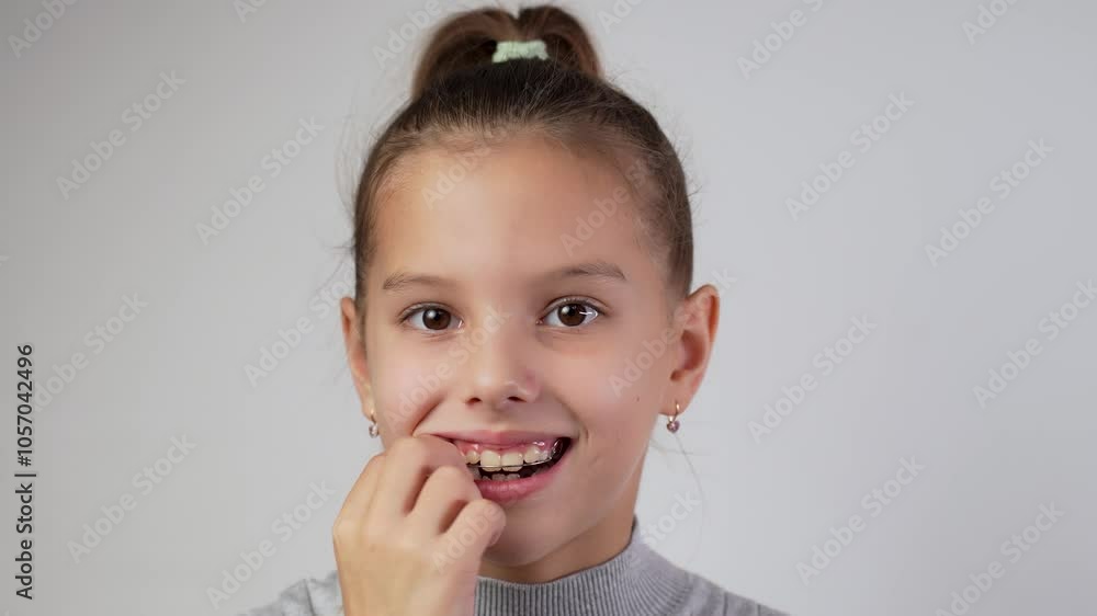 Pretty girl wearing braces smiling, looking at camera, close-up. Girl with dental braces or teeth retainers for teeth correction Pretty girl wearing braces smiling, looking at camera, close-up. Girl with dental braces or teeth retainers for teeth correction