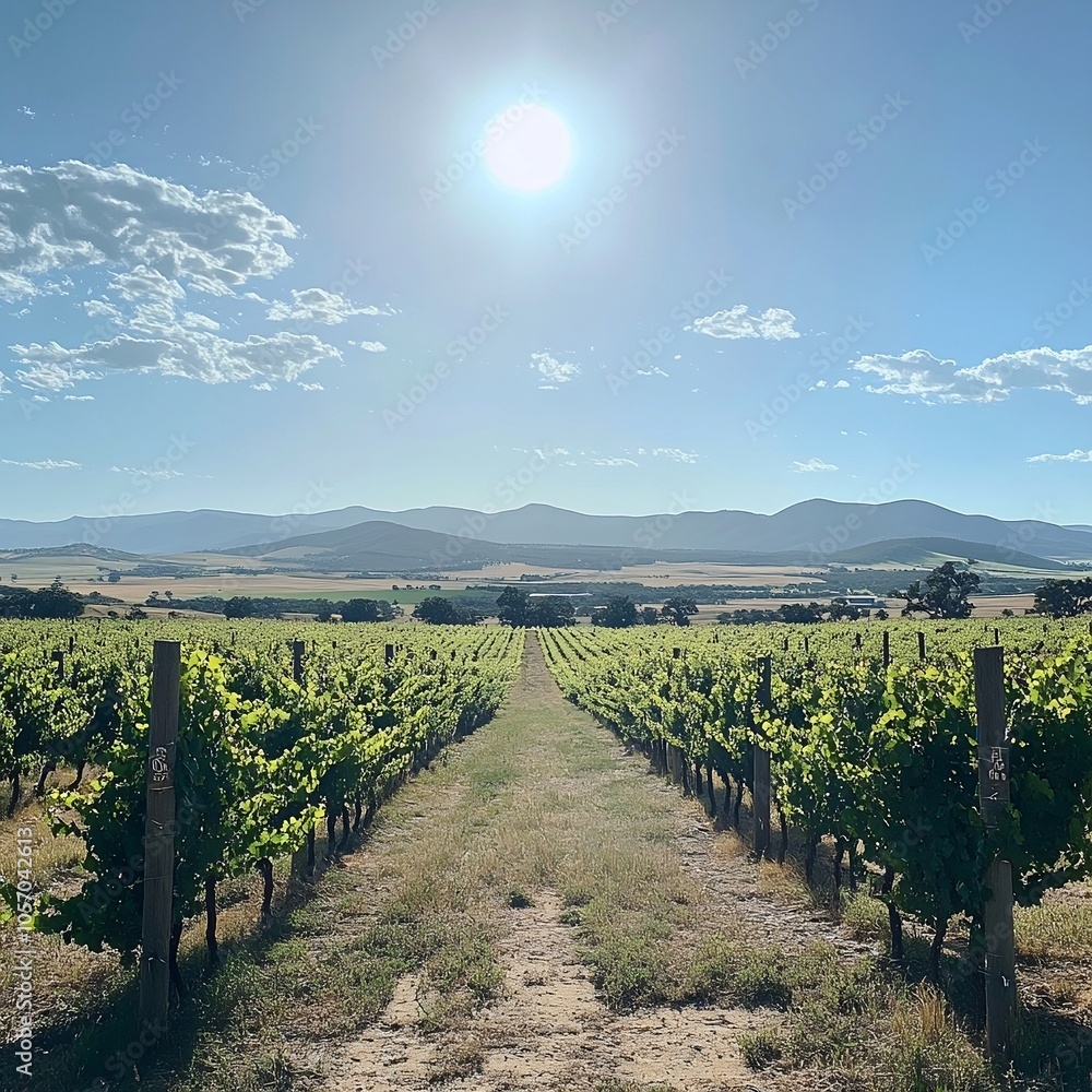 Naklejka premium Sunny Australian Vineyard with Lush Green Rows, Expansive Landscape, and Distant Mountains